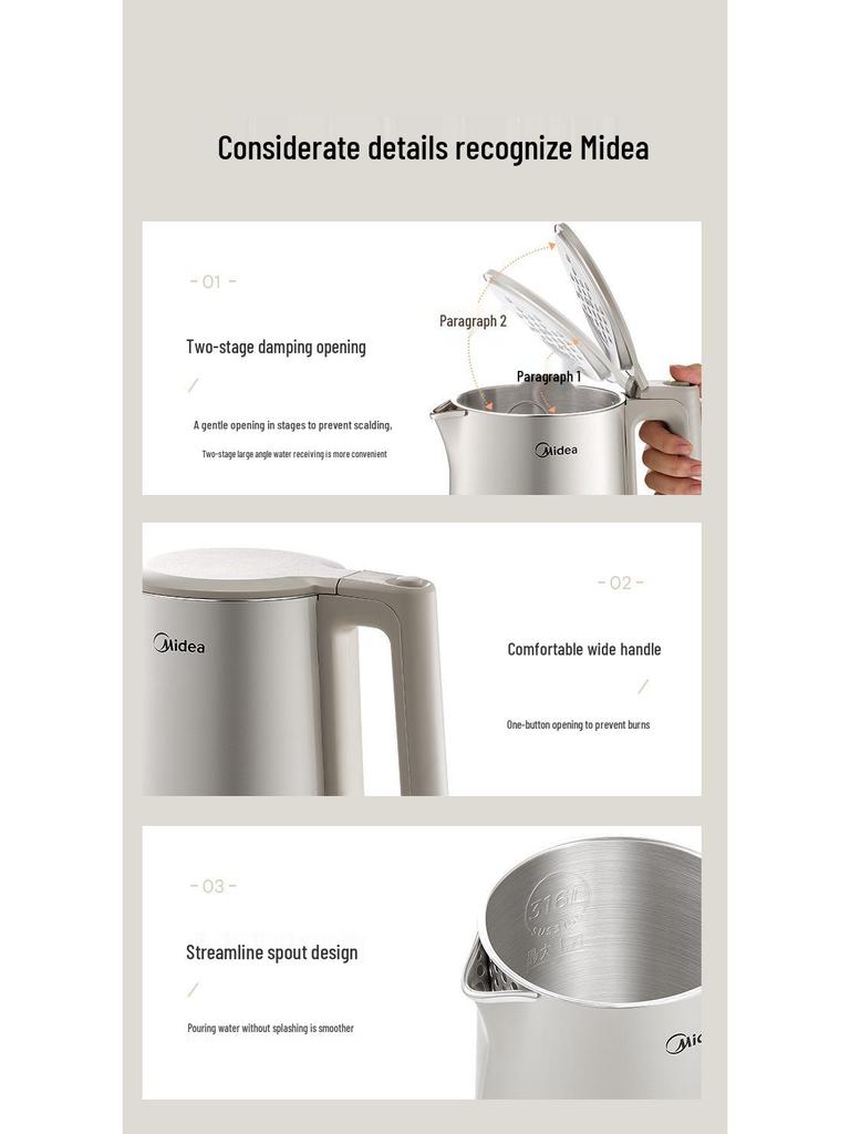 Midea 2024 Stainless Steel 1.7L Electric Kettle with Auto Power-Off
