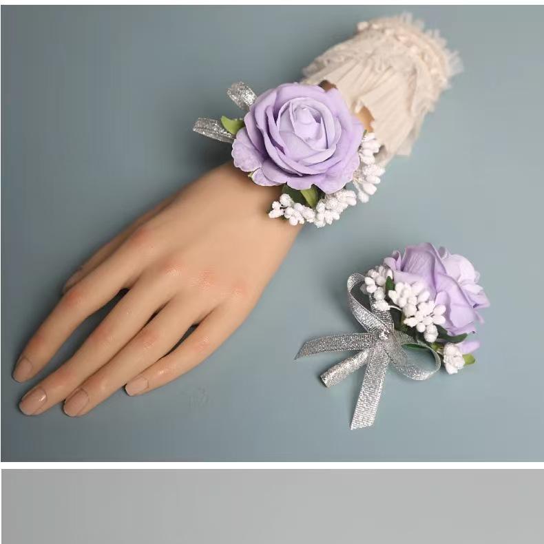 Набор из 2 шт. корсажей и бутоньерок цвета светло-пурпурной розы, искусственные браслеты-корсажи на запястье, мужская бутоньерка