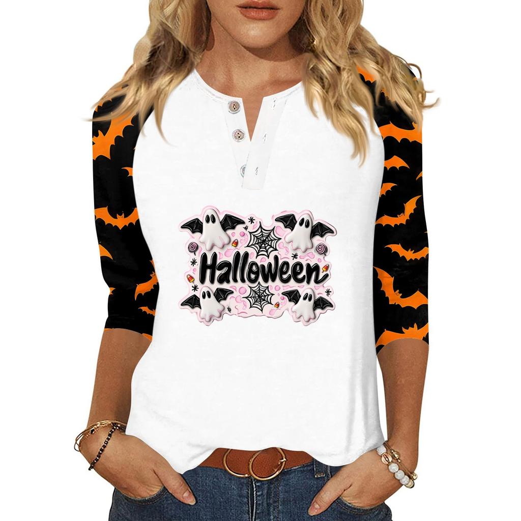 Damen-T-Shirt mit Halloween-Aufdruck und Knopfleiste, 3/4-Ärmel, modisch für den Alltag und das Wochenende, Basic, V-Ausschnitt, normales Oberteil
