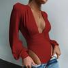 Elegant Sexy Black Ruched Long Sleeve Bodysuit for Women Deep V Neck Satin Bodycon Top Elegant High Cut Jumpsuit for Party Date Casual Wear Night Out