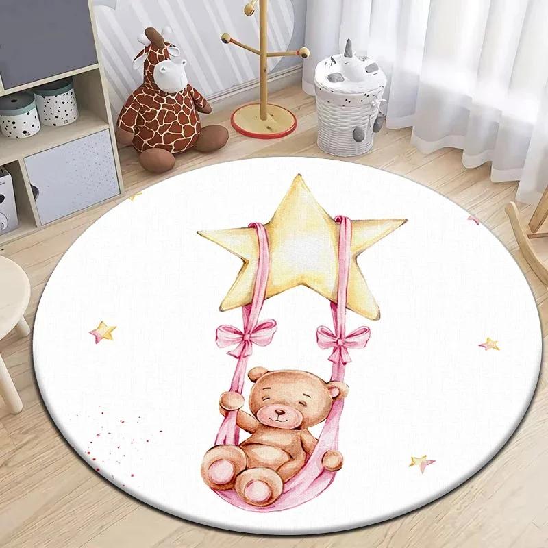 Cartoon Cute Little Bear Animals Round Carpet for Living Room Decor Kid's Bedroom Play Floor Mat Anti-Slip Camping Picnic Mats