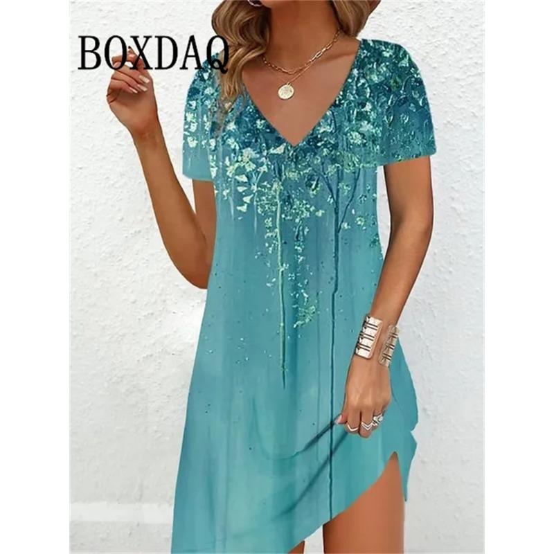 Fashion Plus-Size Dress Casual Loose V-Neck Ladies Summer Print Party Women's Summer Pullover Short Sleeve Dress