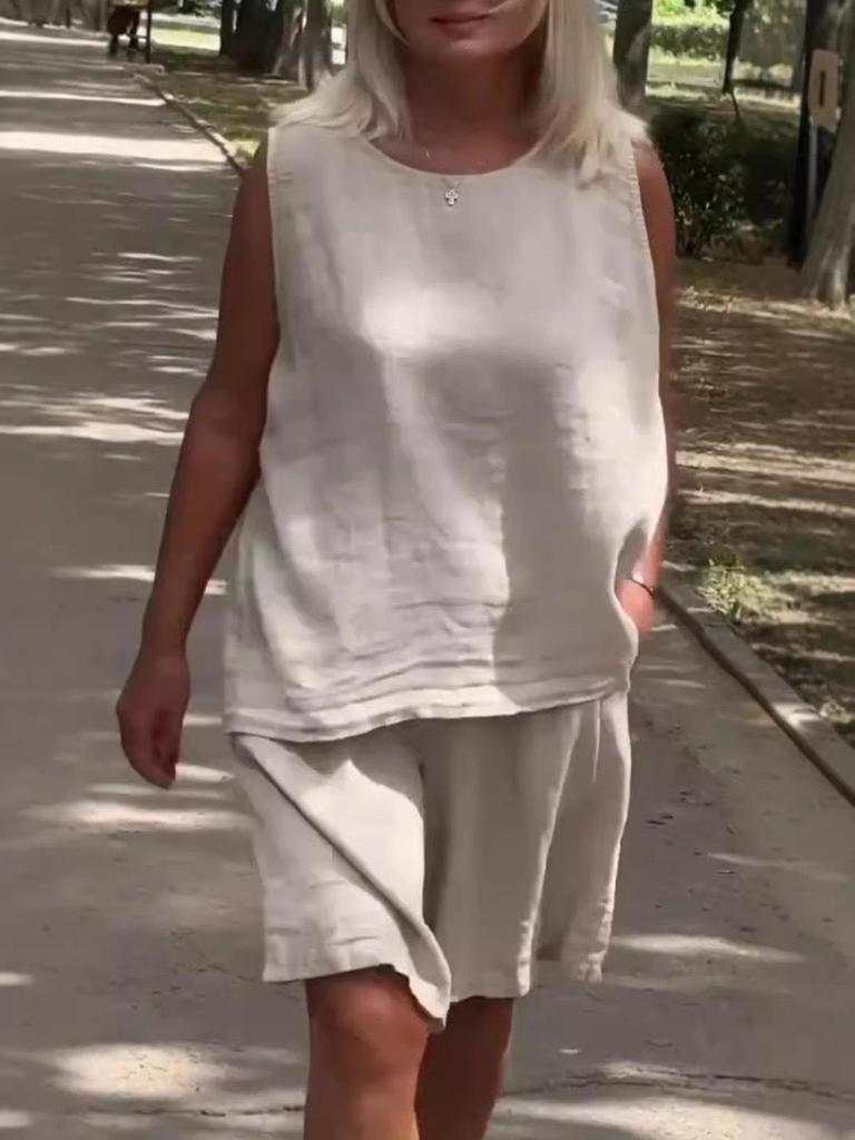 2025 Women's Cotton Linen Sleeveless Casual Set – Crew Neck