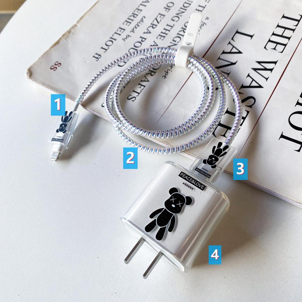 Apple Data Cable Protection Kit: 20W Charging Head, Transparent Cartoon Design, 4-Piece Set