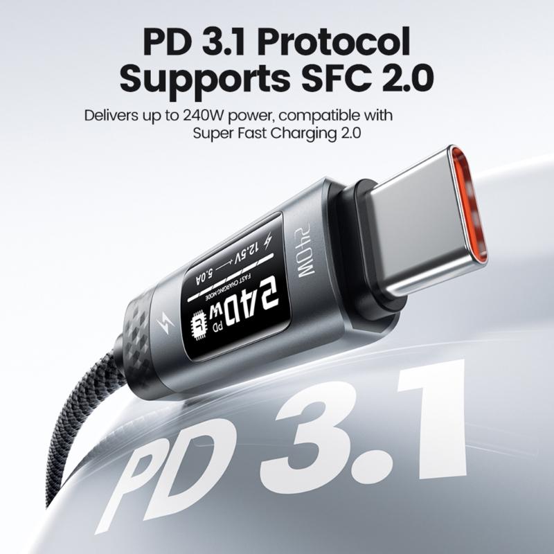 240W USB C Cable Fast Speed Data Transfer LED Display and PD3.1 Power Delivery Capability for Multiple Electronics
