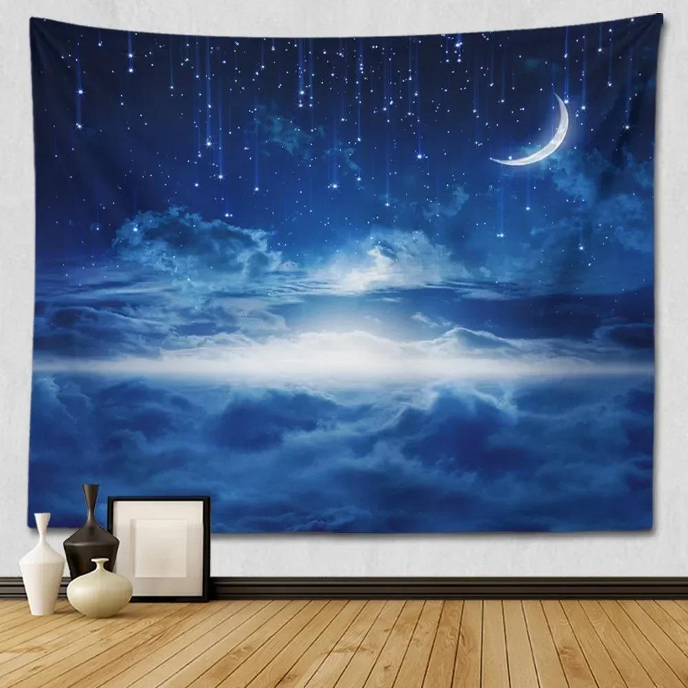 Suitable For Bedroom Wall Decoration Starry Sky Moon Tapestry Blue Starry Night Galaxy Universe Large Fabric Wall Hanging
