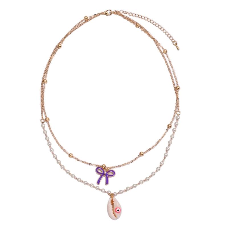 

Bohemian Bowknot Shells Layered Necklace Elegant Choker Y2K Pearl Beaded Evil Eye Charm Clavicle Chain Summer Jewelry 1