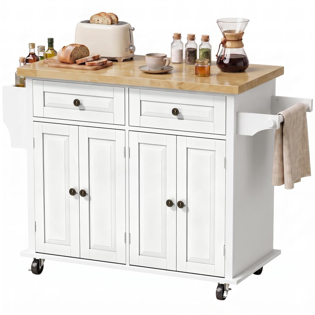 Kitchen Island on Wheels, Rolling Kitchen Storage Trolley with Rubber Wood Top, Drawers, Adjustable Shelves, Cream White