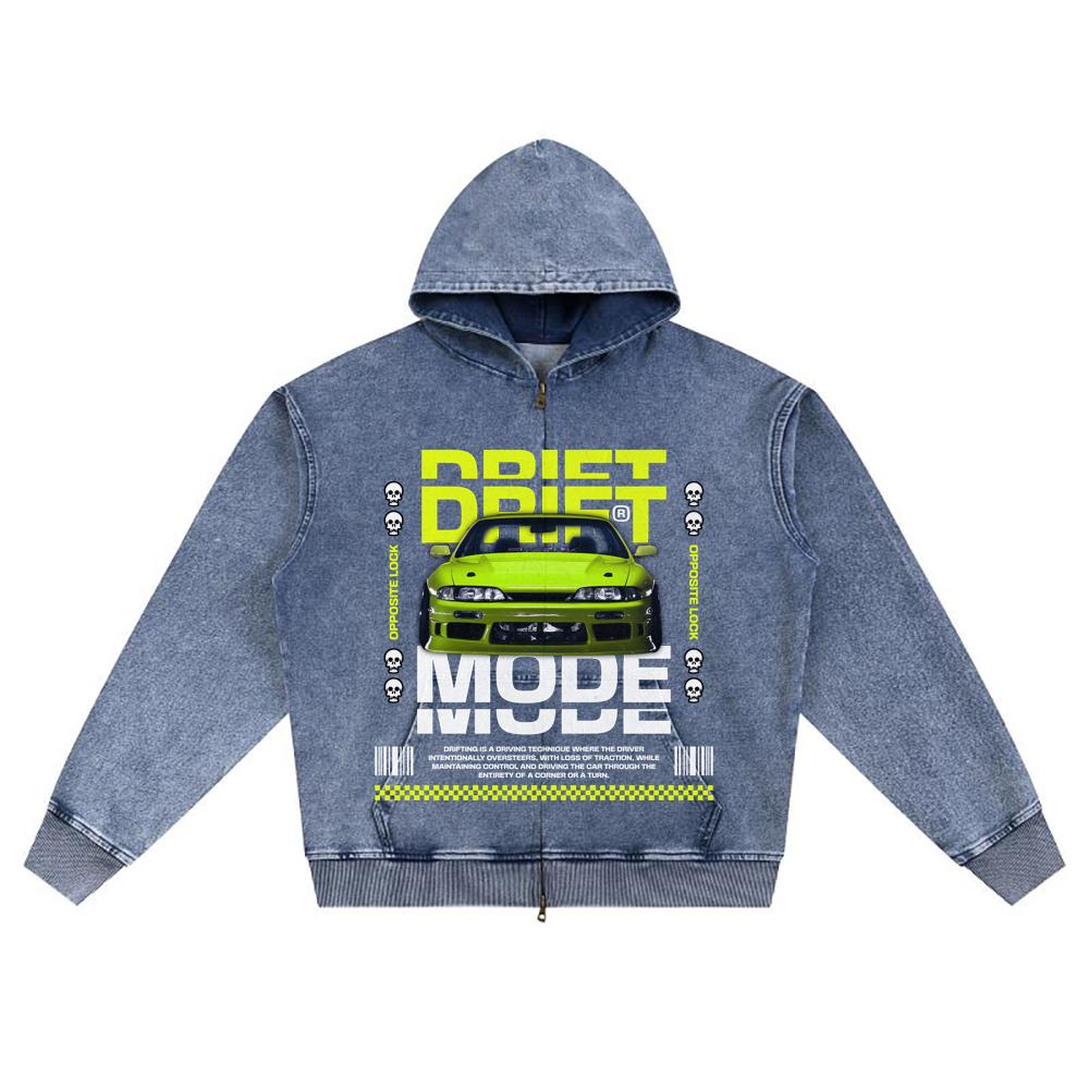 DTG Print Knitted Denim Zip-Up Hoodie Drift Mode Brother Print Zipper Hoodies  
