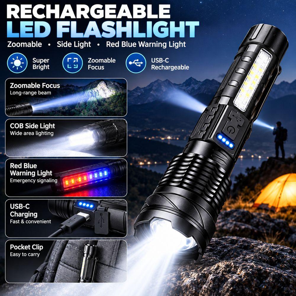 Red Blue Warning Light LED Flashlight USB C Charging Zoomable Flashlight  Outdoor Camping