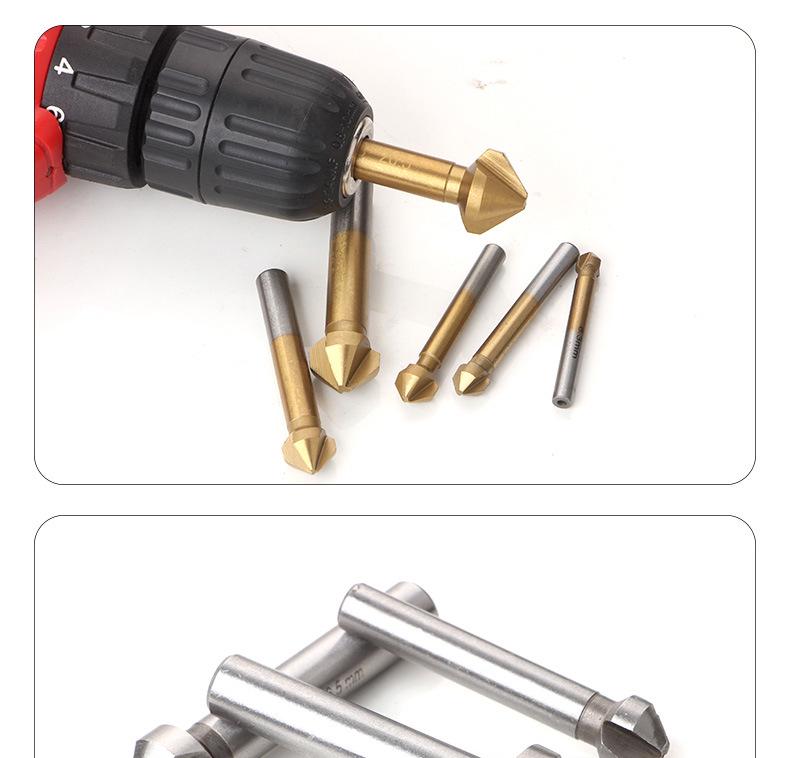 6-Piece 90° Titanium-Plated Three-Blade Chamfering Drill Set for Woodworking