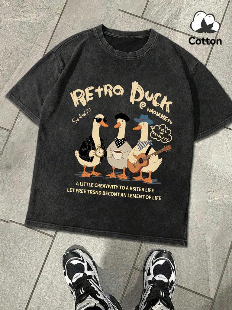 Retro Duck With Free Time Washed Mans TShirts Loose Fashion Tee Summer Cotton Short Sleeve Unisex Retro ONeck Streetwear