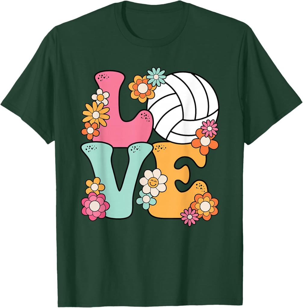 Volleyball Love Retro Flowers Graphic Tee Women Girls Casual Short Sleeve T-Shirt