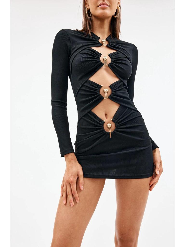 2023 Evropský a Americký Styl Dutý Design Crop Top Obvazové Šaty - Dlouhý Rukáv Bodycon Večerní Šaty pro Ženy