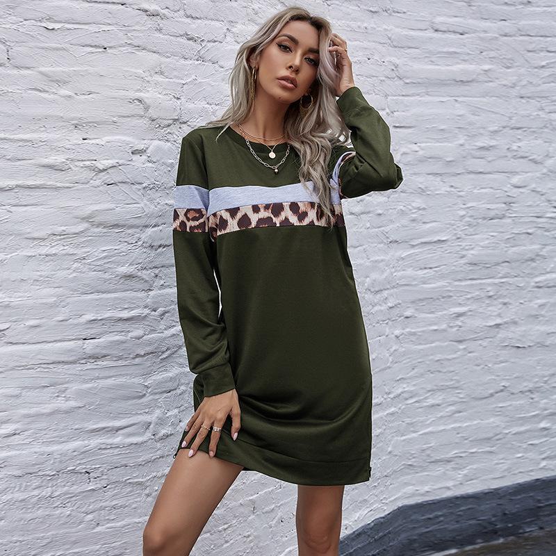 Herbst Damen Street Style Leopard Patchwork Pullover Sweatshirt Kleid