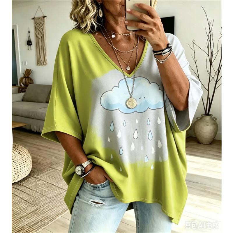 Camiseta de Manga Murciélago con Cuello en V para Mujer Tallas Grandes Estampado Étnico Bohemio Top Holgado Verano Cómodo Transpirable Uso Diario Casual Estilo Adelgazante