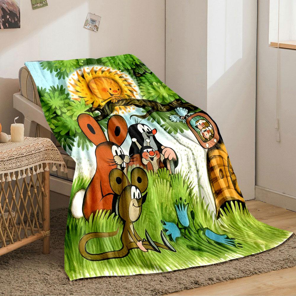 A cheerful sun and cartoon animals gather amid trees, grass, and flowers. for all seasons blanket lunch break throw gift