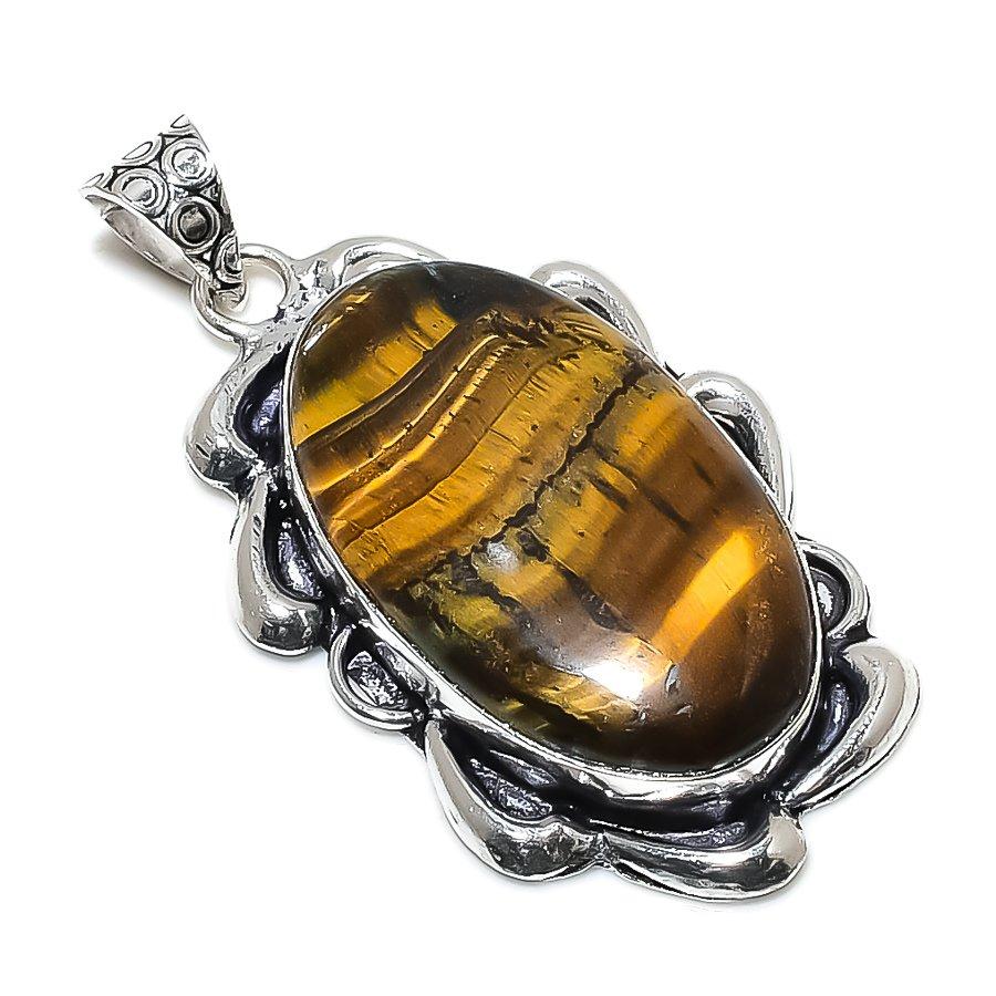 Natürlicher Tigerauge Edelstein Handgefertigt 925 Sterlingsilber Anhänger 2.13" B4k66