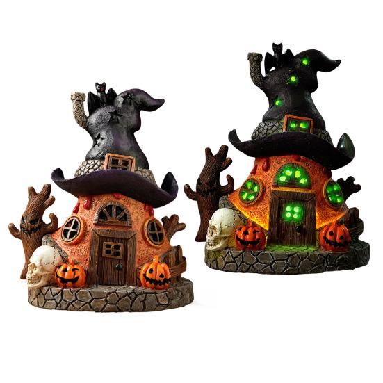 Halloweenská socha čarodějnického domu s LED světlem Magický dům Pryskyřičná figurka Socha Ozdoba pro domácí kancelář Stolní dekorace