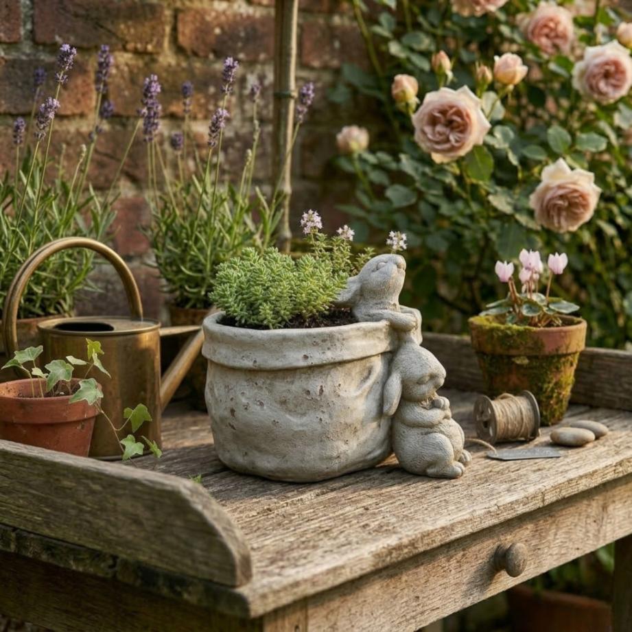 Bunny figurine with flowerpot cement vintage garden decoration