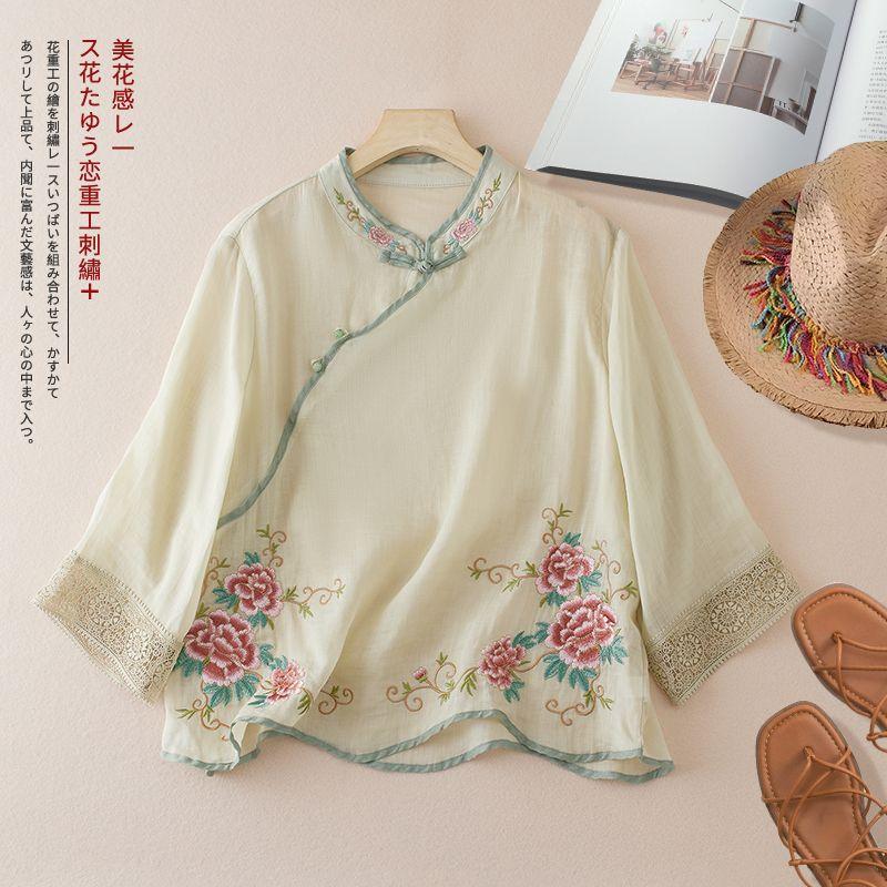 

Summer new cotton and linen new retro embroidery crochet short-sleeved ethnic literary and artistic disc-buckle stand-up collar medium-sleeved top 3XL