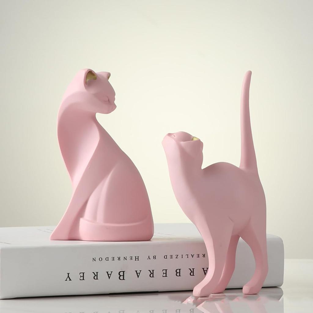 2pcs Pink Cat Statue Geometric Cat Sculpture Animal Statue Art Figurine Modern Home Decorations Animal Figurine Resin Sculpture for Home Office Gift