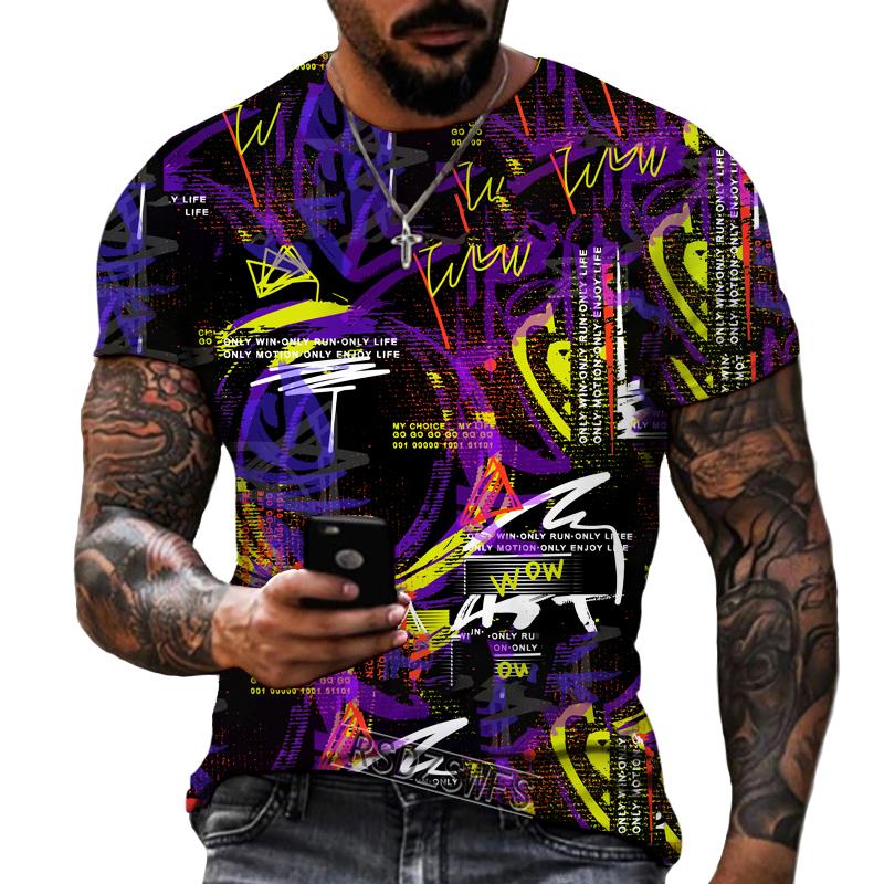 Men's Urban Streetwear Graffiti T-Shirt, Black White Gold Letter Print O-Neck Short Sleeve Casual Daily Tops