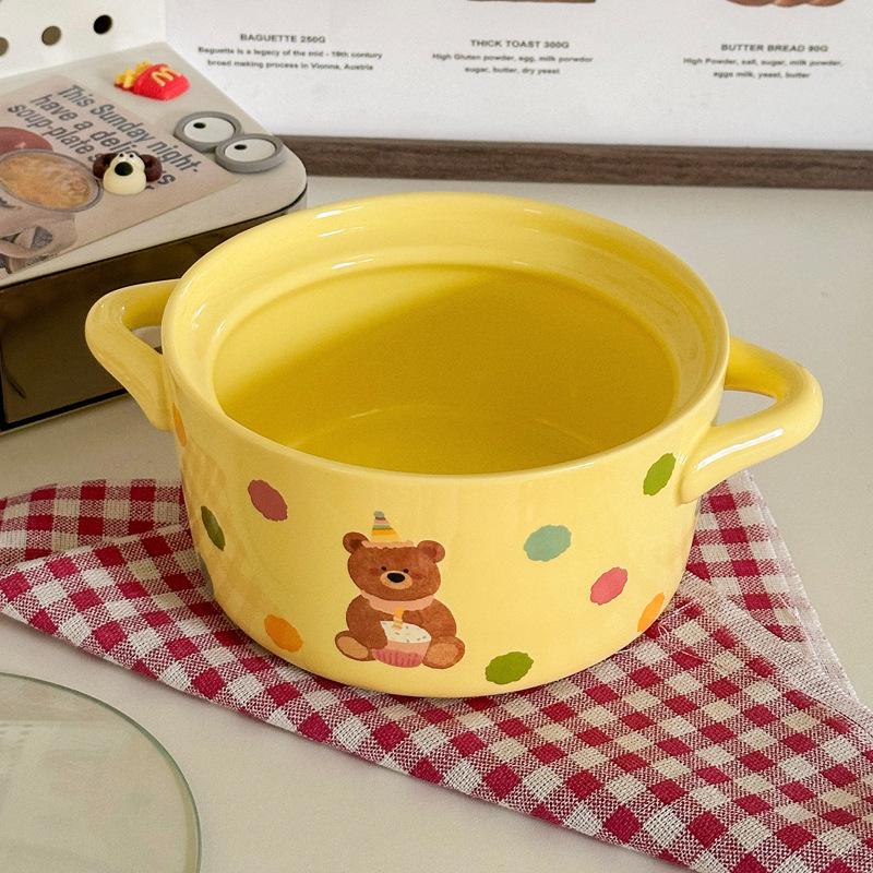 Cute Polka Dot Binaural Instant Noodle Bowl with Cover Student Dormitory Large Capacity Instant Noodle Bowl Personal Special Snail Powder Bowl