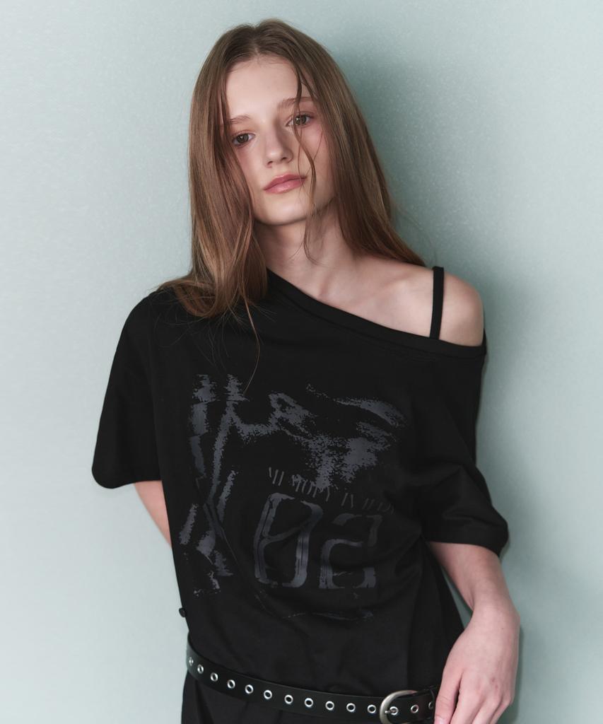Ledeoli Vintage Slit One-Shoulder Short Sleeve T-Shirt [Black]