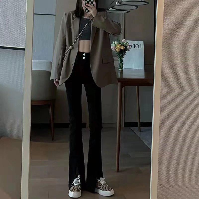 High-Waisted Black Flared Women's Slit Jeans, Slim Fit for Spring & Autumn 2023