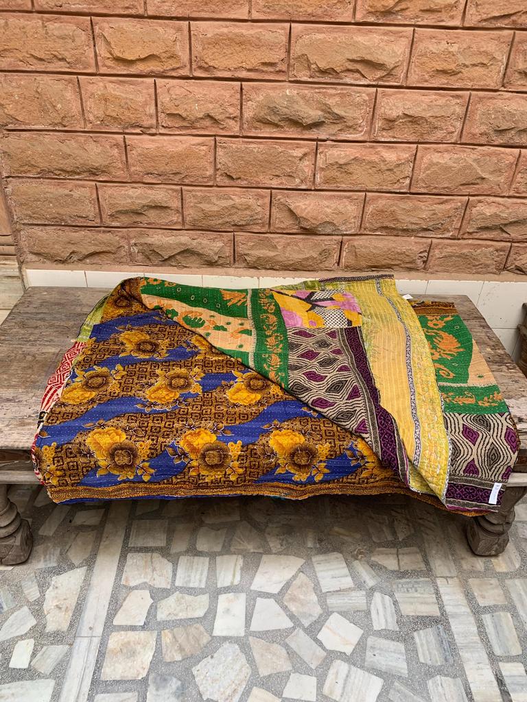 Green Floral Kantha Quilt: Vintage Indian Patchwork Throw