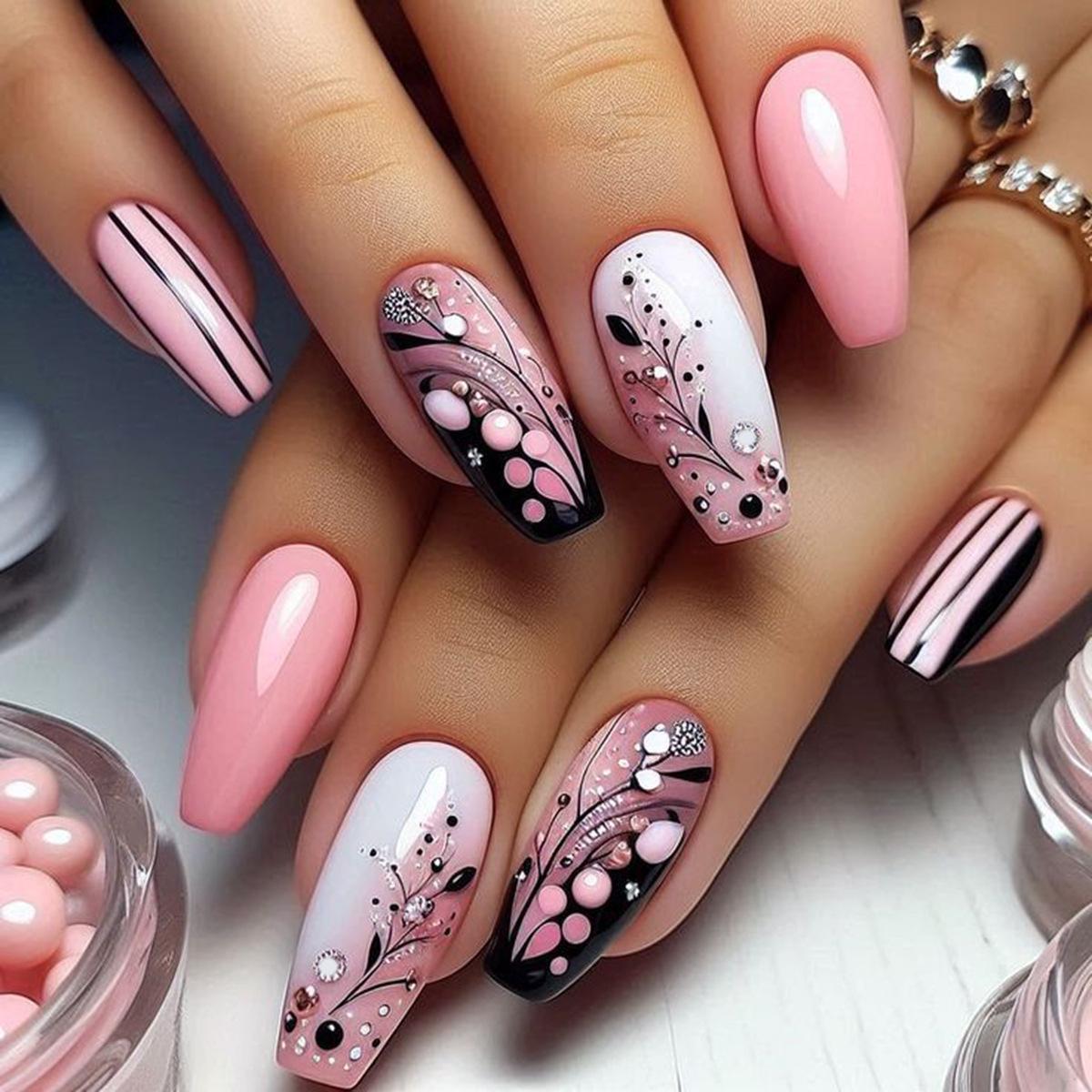 

Pink Ballet False Nails with Black & White Floral Design