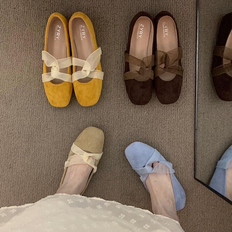 Flat bottom gentle wind evening shoes lace cross belt shallow mouth square head suede versatile commuter ballet single shoes women