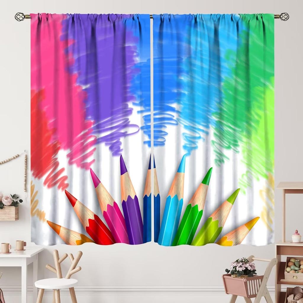 Kids Cartoon Pencil Curtains Colorful Crayons Art Printed School Curtain Nursery Bedroom Living Room Home Polyester With Rod Pocket Washable Sitting