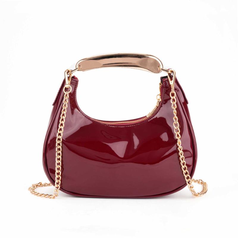 Retro Red Patent Leather Shoulder Bag Women's Metal-handled Handbag Designer Crescent-shaped Bag New Stylish Chain Crossbody Bag
