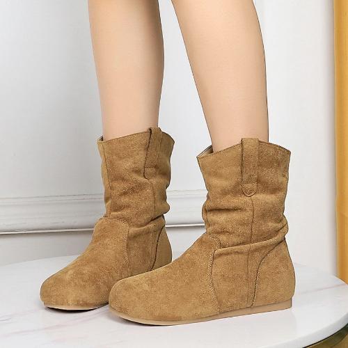 Suede short boots, women's pleated pile boots, round toe winter western denim fashionable women's boots