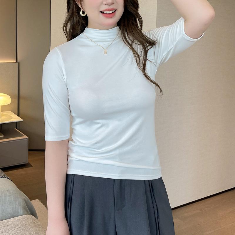 Summer Modal Right Shoulder Five-point Large Size Short-sleeved T-shirt Women's Suit Inner Top Slim-fitting Half Turtleneck Bottoming Shirt