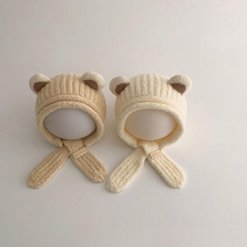 Warm Fleece Baby Bear Ear Hat Soft Plush With Chin Tie Perfect For Infant Winter Outdoor Daily Wear
