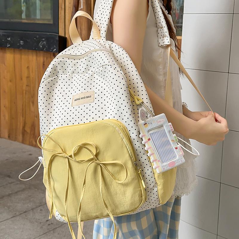 Mochilas de Lunares en Contraste para Mujer Mochila con Lazo Estilo Preppy Bolsa para Estudiante Coreana Linda Bolsas Mochila Bolsas con Cremallera Ins para Mujer