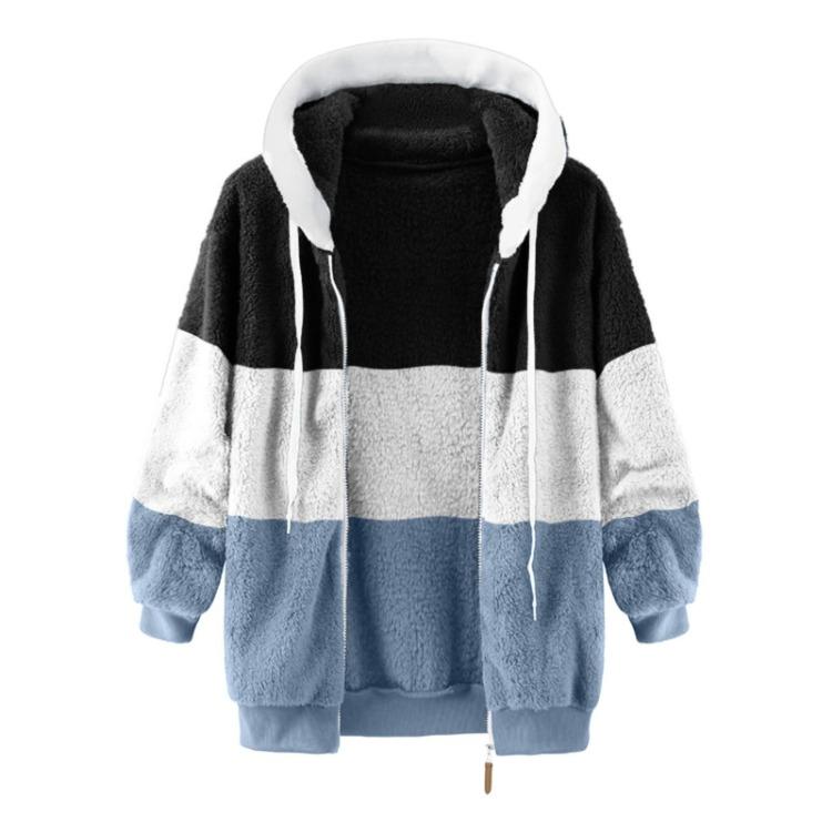 Women's Hooded Large Zip Jacket Loose Multicolor Paneled Plush Size