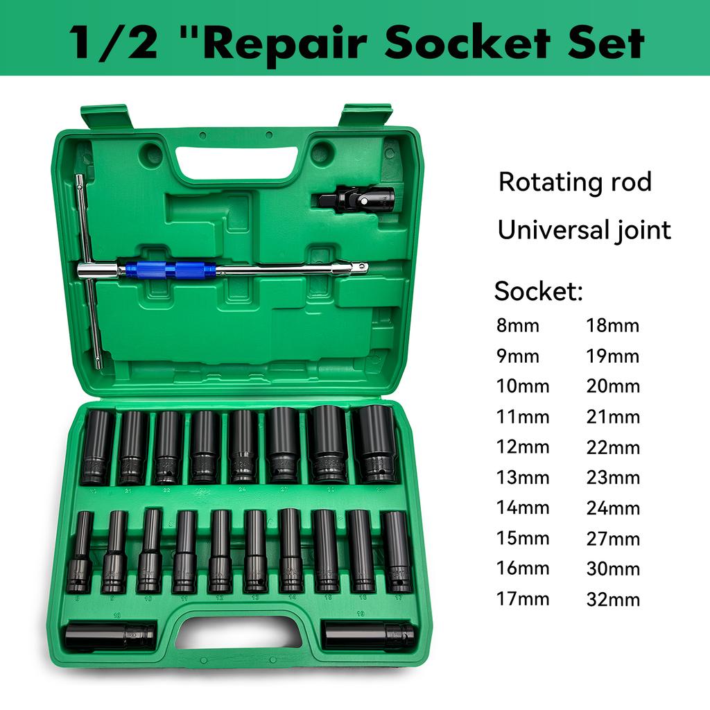 22pcs Combination Drive Extended Socket Hexagonal Impact Sleeve Set with Portable Storage Case 8-32mm Torque for Motor Repair