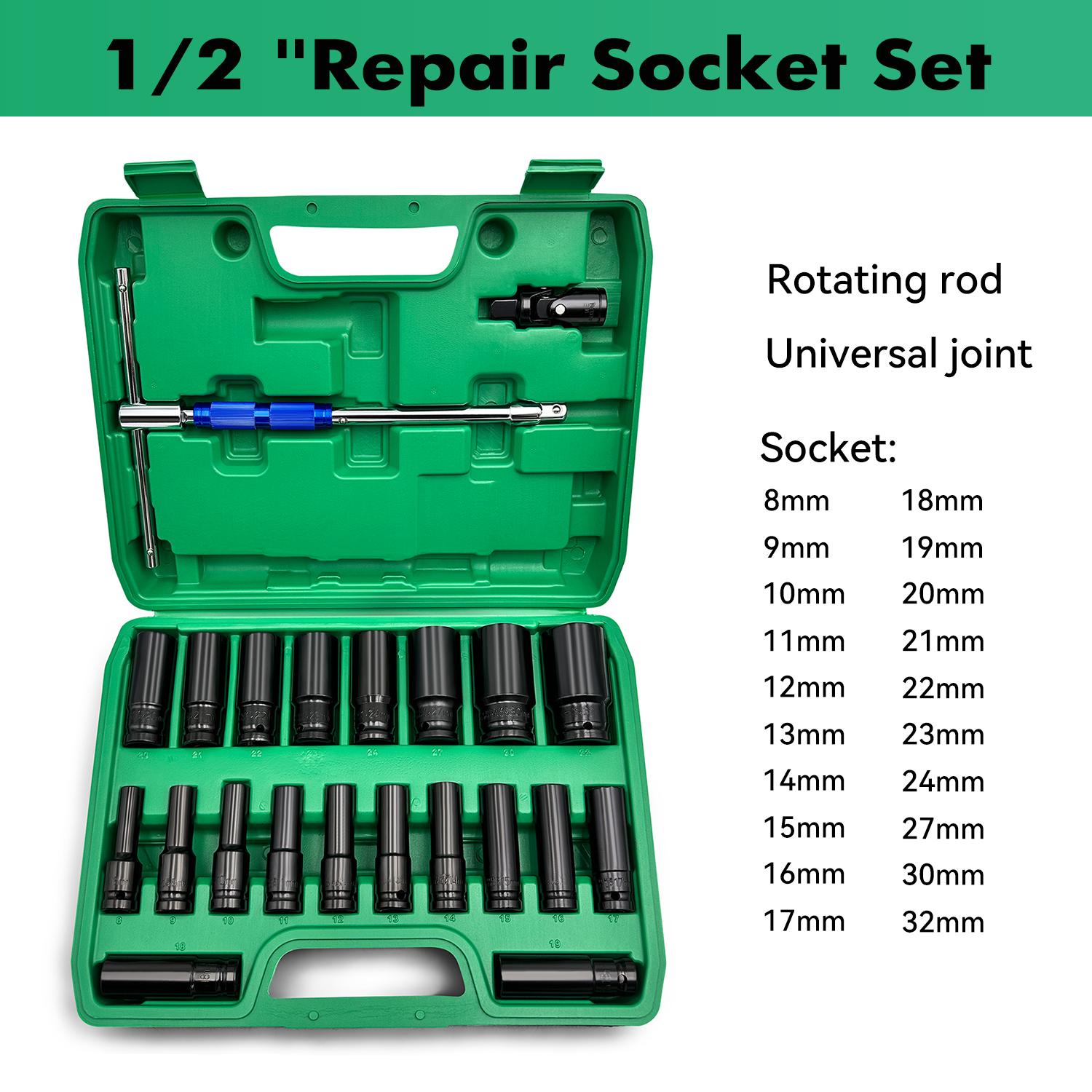 

22pcs Combination Drive Extended Socket Hexagonal Impact Sleeve Set with Portable Storage Case 8-32mm Torque for Motor Repair чёрный