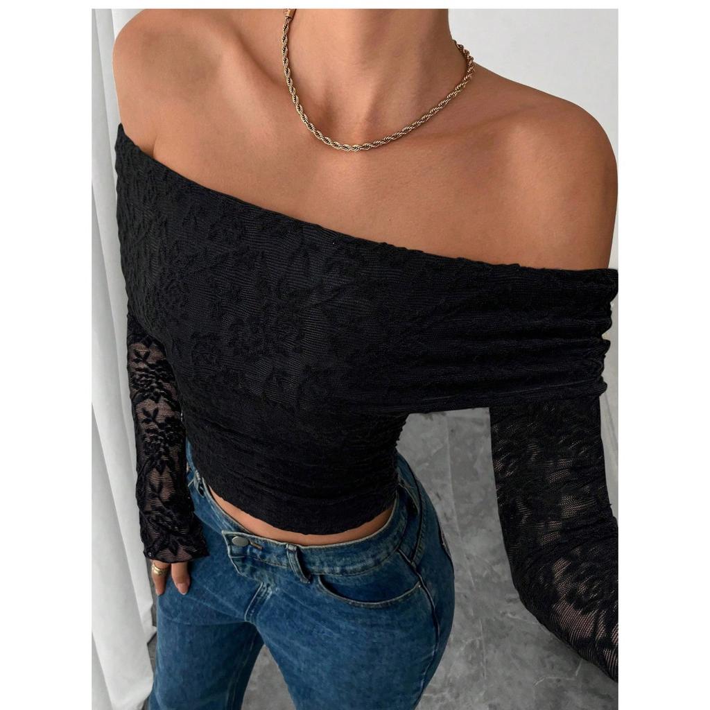 Neues Elegantes Damen Einfarbiges Spitze Schulterfreies Langarm Rückenfreies Oberteil T-Shirt