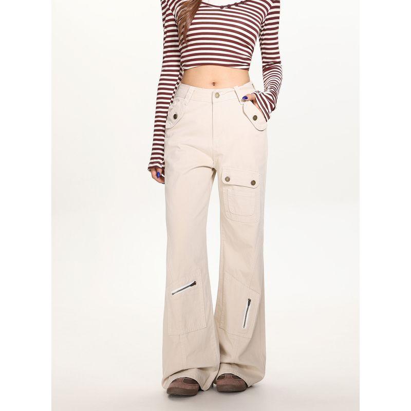 Straight-Leg Flared Pants for Women, Autumn and Winter Black Patchwork Slimming Cargo Pants, High-Waisted Slightly Flared Pants for Trendy Girls