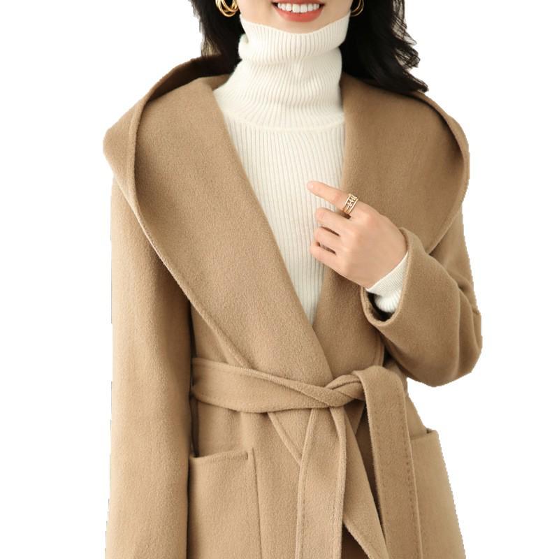2026 Petite Women's Hooded Double-Sided Wool Coat, Autumn/Winter Mid-Length with Belt