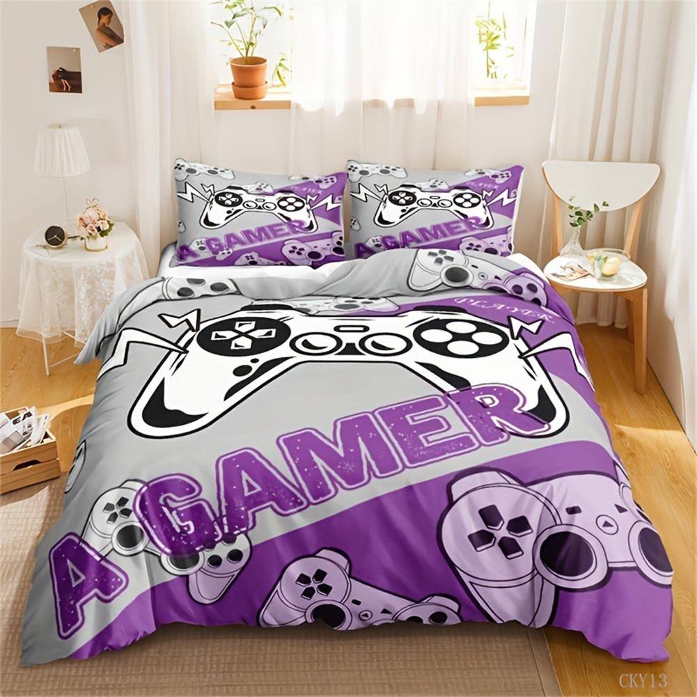 Set cu husă de pilotă pentru pat de gaming, Single, Copii, Controller de joc, Gamer, Moale, Fermoar, Copii, Pat complet, Set de 2 piese, Huse de pilotă și fețe de pernă