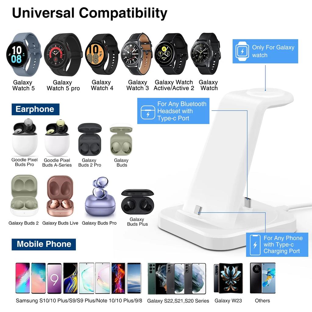 4 In 1 Fast Wireless Charger Wireless Charging Station for Samsung Galaxy Charger With Alarm Clock Watch 6 5 Pro S24 S23 S22 S21