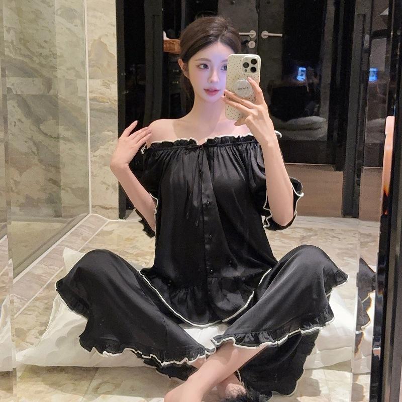 New pajamas women's ice silk spring and summer French high-end suit, one-word shoulder can be worn outside, simulated silk loungewear