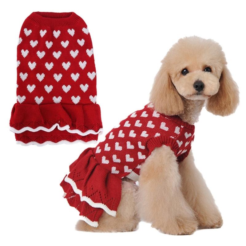 Valentines Day Pet Sweater Dress for Small Dogs All Size Cats Heart Pattern Designs Knitdress Turtleneck Knitwear