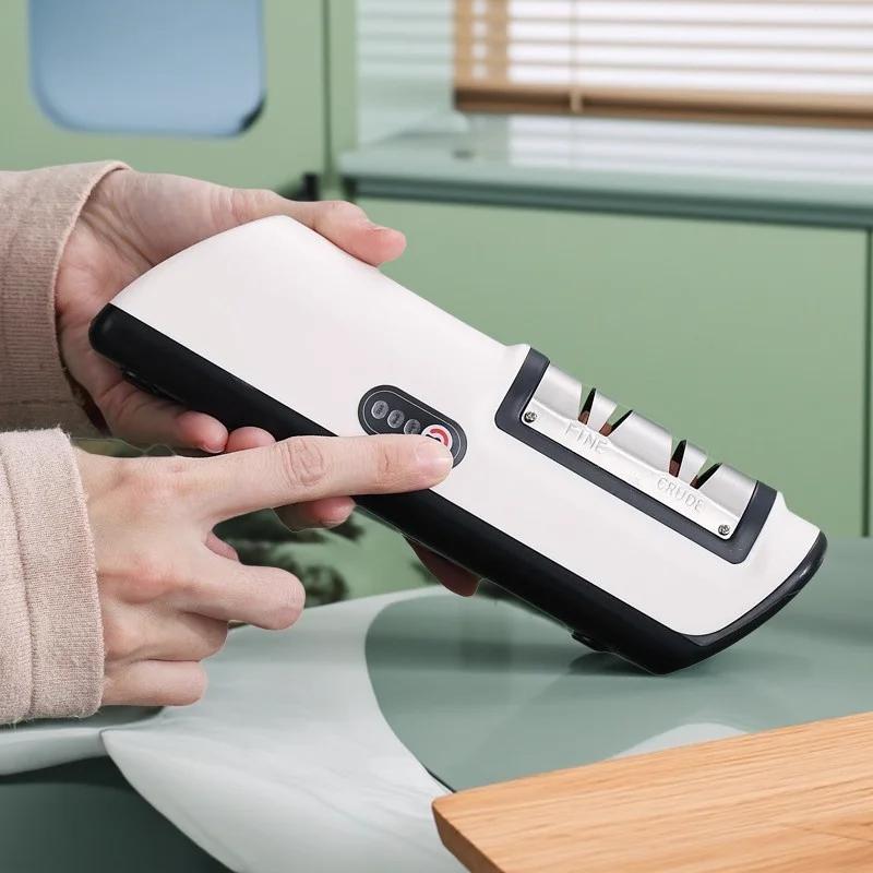 Compact Automatic Electric Knife Sharpener Machine - Dual Stage Coarse and Precision Grinding for Household Kitchen Tools